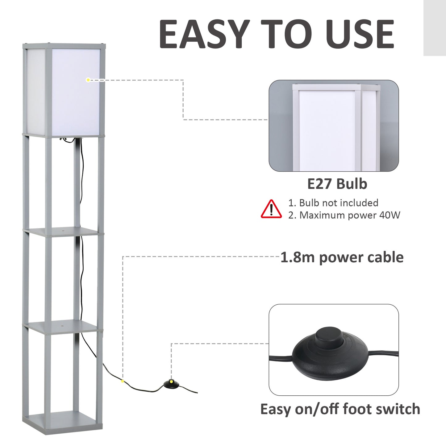 HOMCOM 4-Tier Floor Lamp Standing Lamp with Storage Shelf for Home Office Dorm Grey