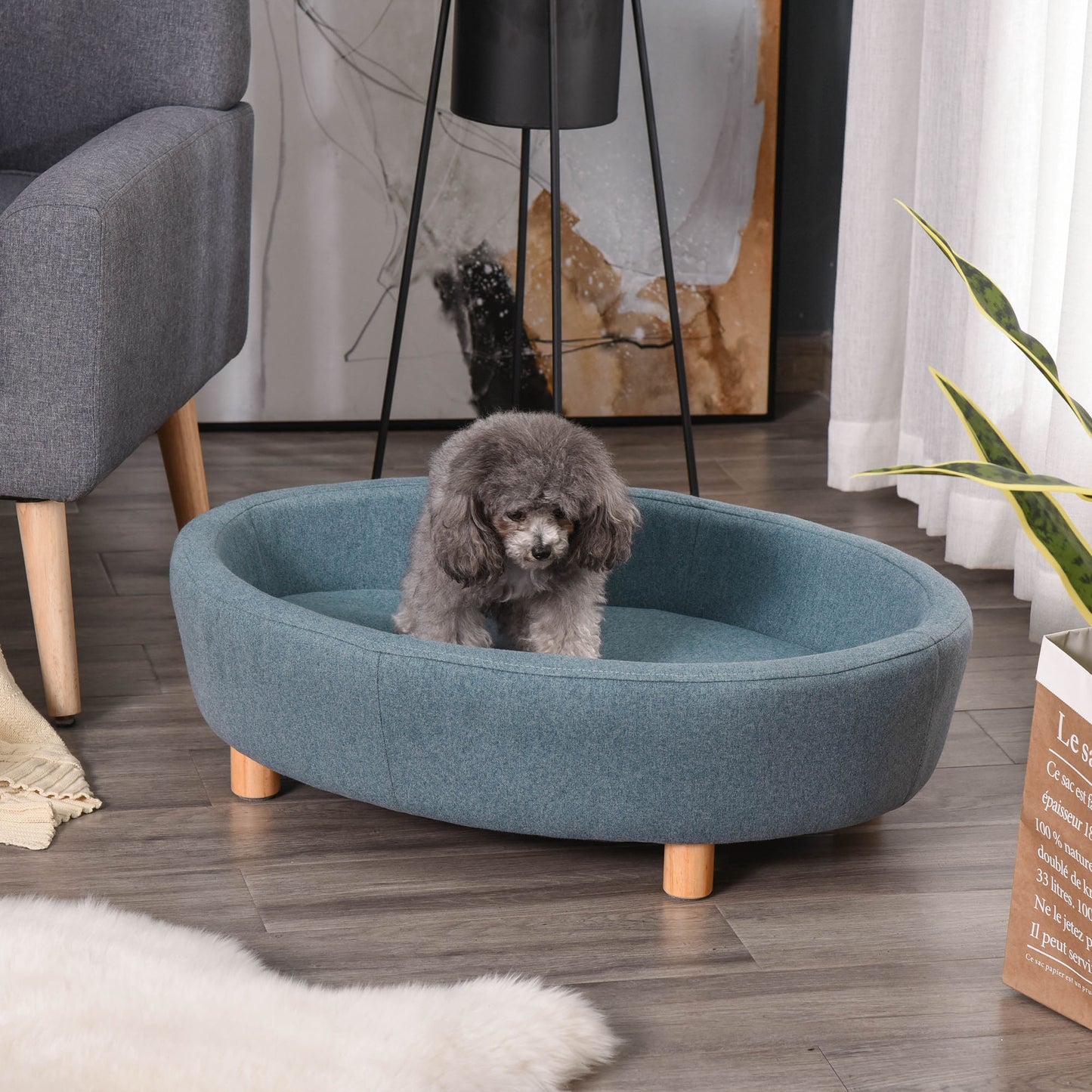 PawHut Pet Sofa Soft Couch Sponge Cushioned Bed Wooden legs, Light Blue