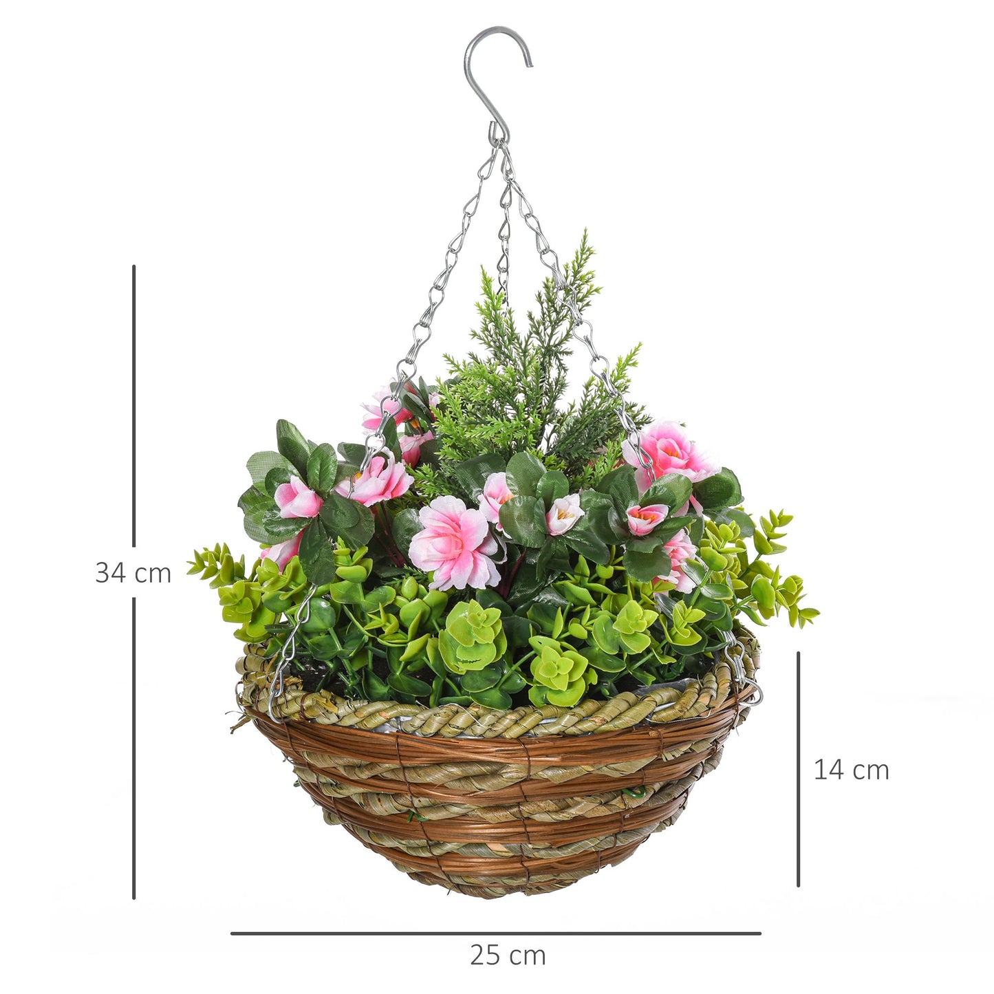 Outsunny Pack of 2 Artificial Lisianthus Flowers Hanging Planter with Basket for Indoor Outdoor Decoration