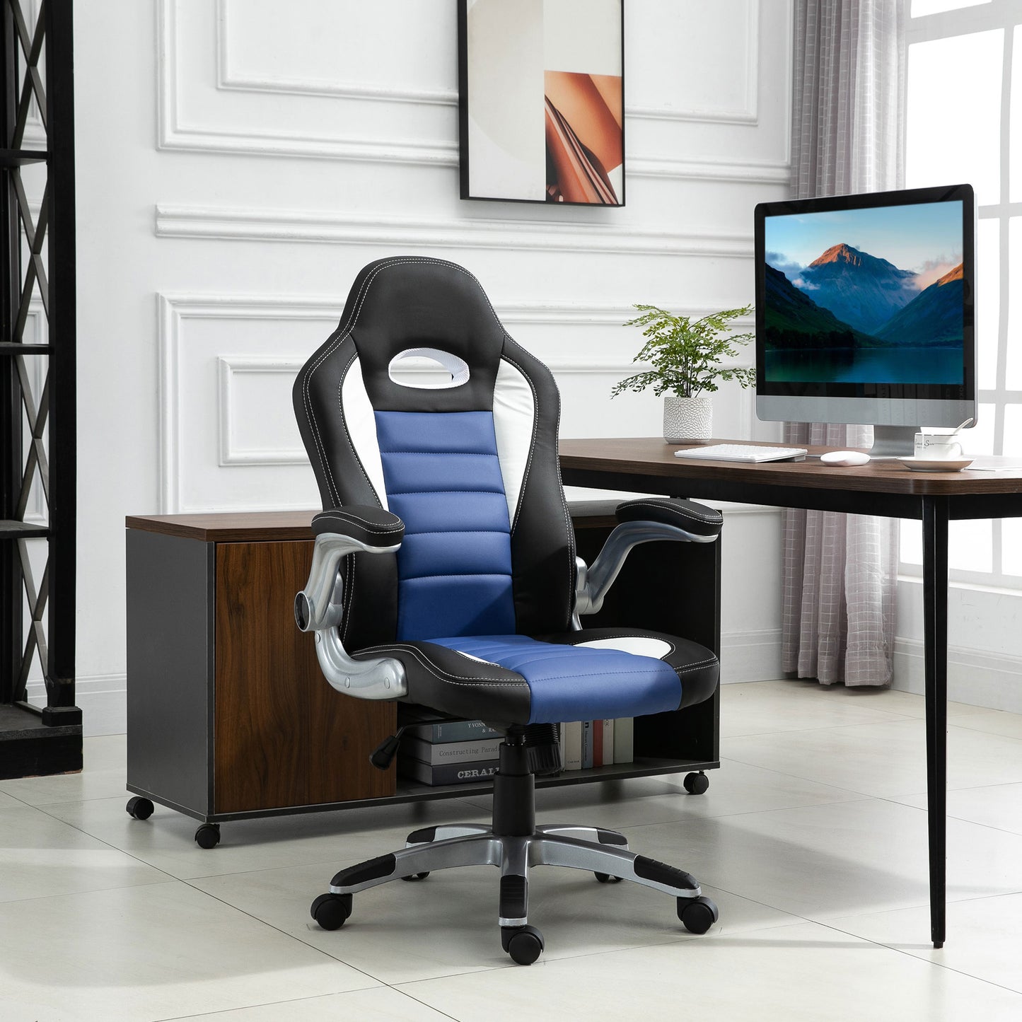 HOMCOM PU Leather Racing Office Chair-Black/Blue/White