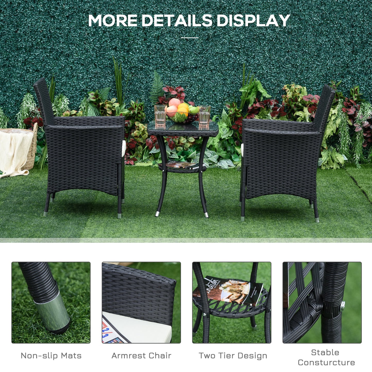 Outsunny 2 Seat Twin Rattan Bistro Chair and Table Set Black