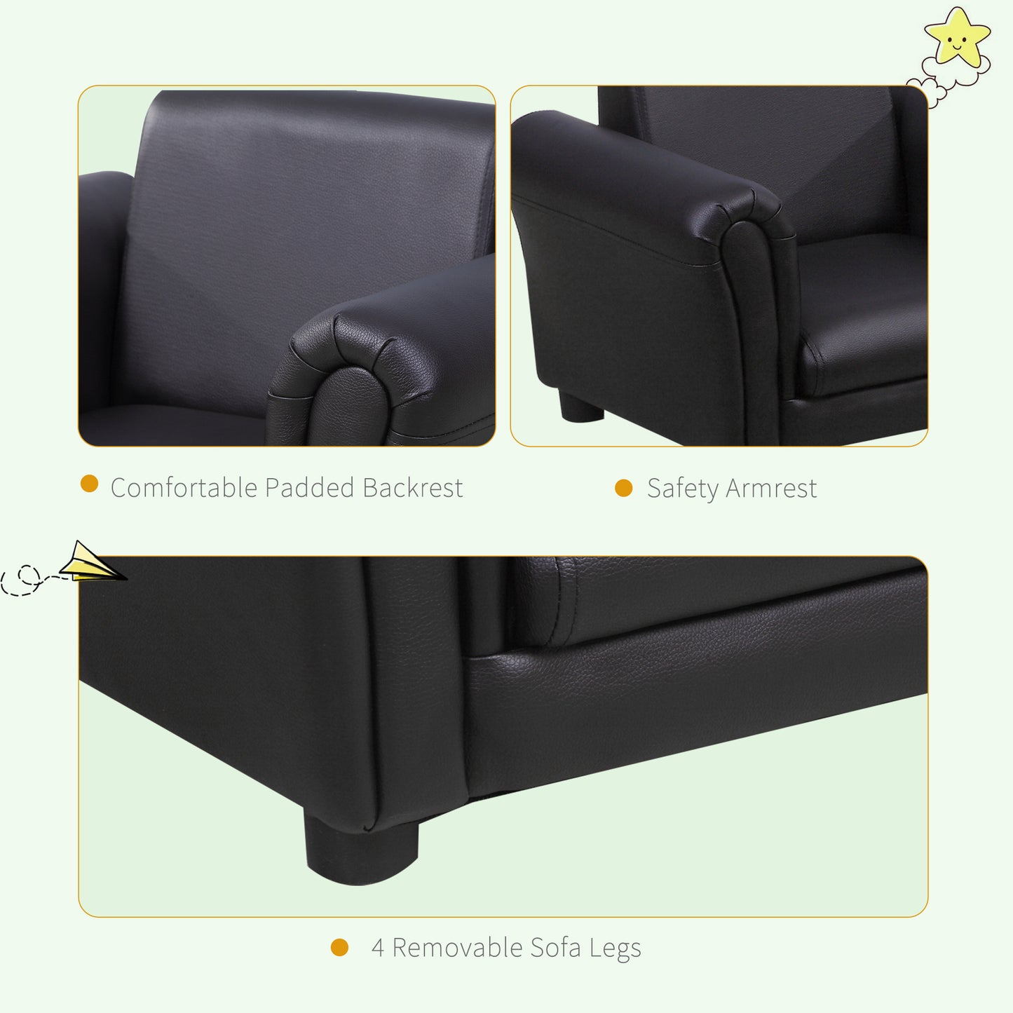 HOMCOM Toddler Chair Single Seater Kids Sofa Set 54 x 42 x 41cm Kids Sofa with Stool Black