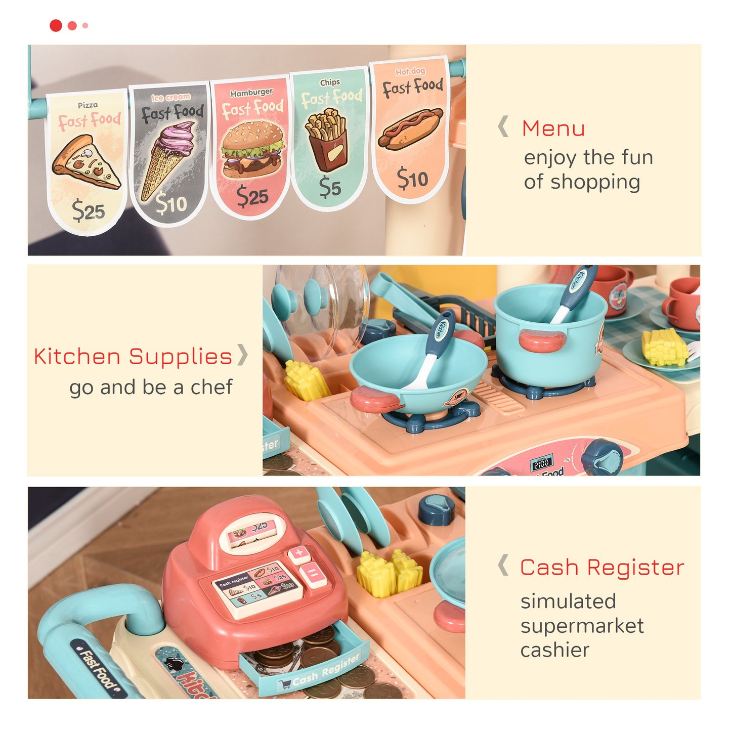 HOMCOM Kids Food Cart Pretend Playset Kitchen Supermarket Trolley Set w/ Accessories