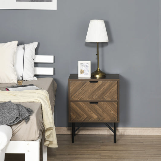 HOMCOM Side Cabinet Home Organizer with 2 Drawer Unit Herringbone Pattern, Walnut Tone