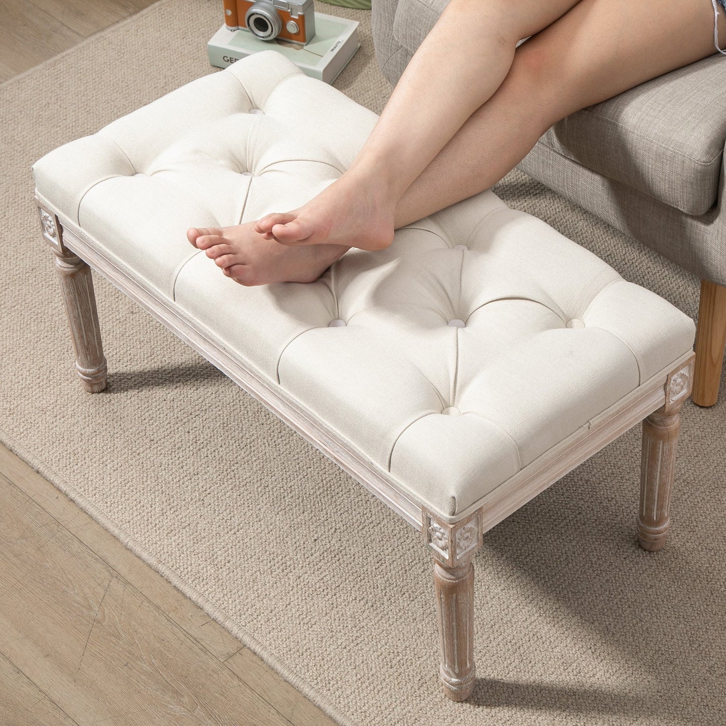 HOMCOM Accent Bench Tufted Upholstered Foot Stool Linen-Touch Fabric Ottoman Beige