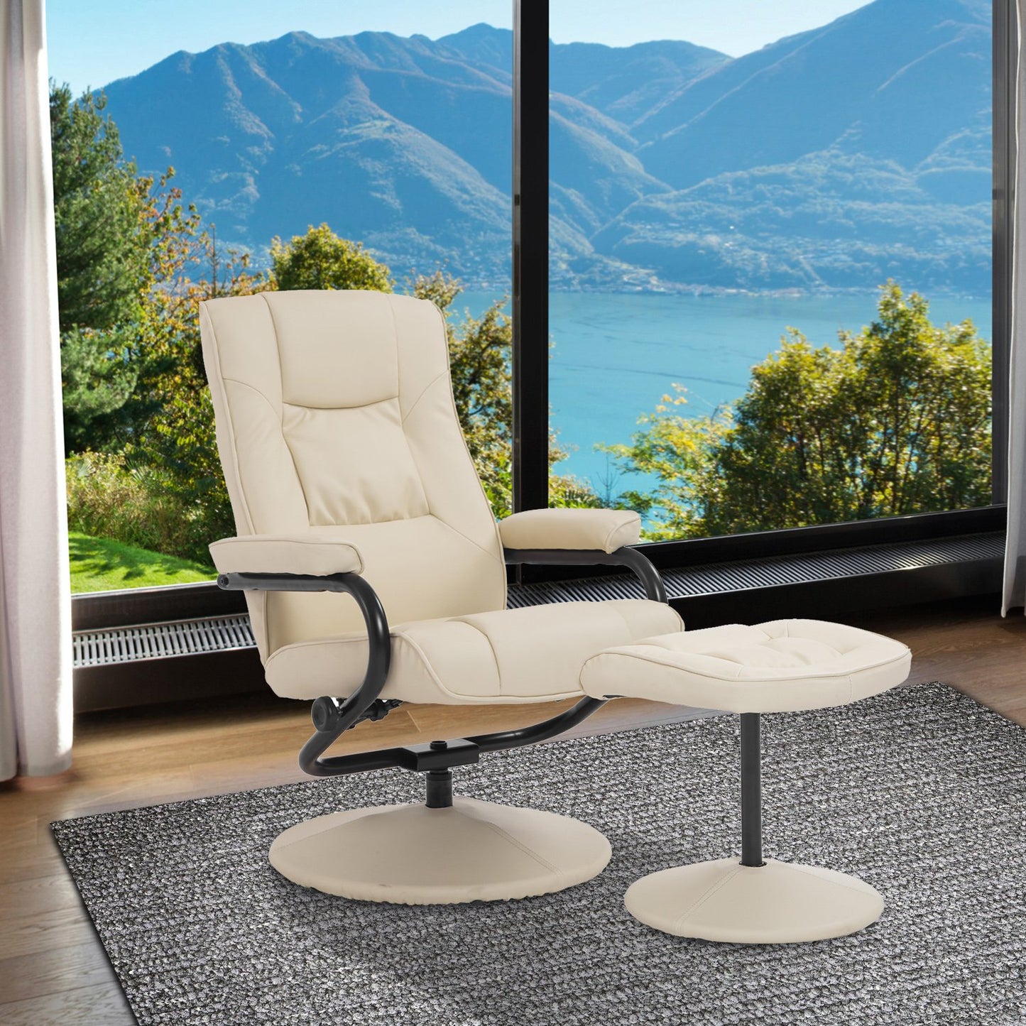 HOMCOM PVC Reclining Executive Chair w/ Footrest Stool Cream