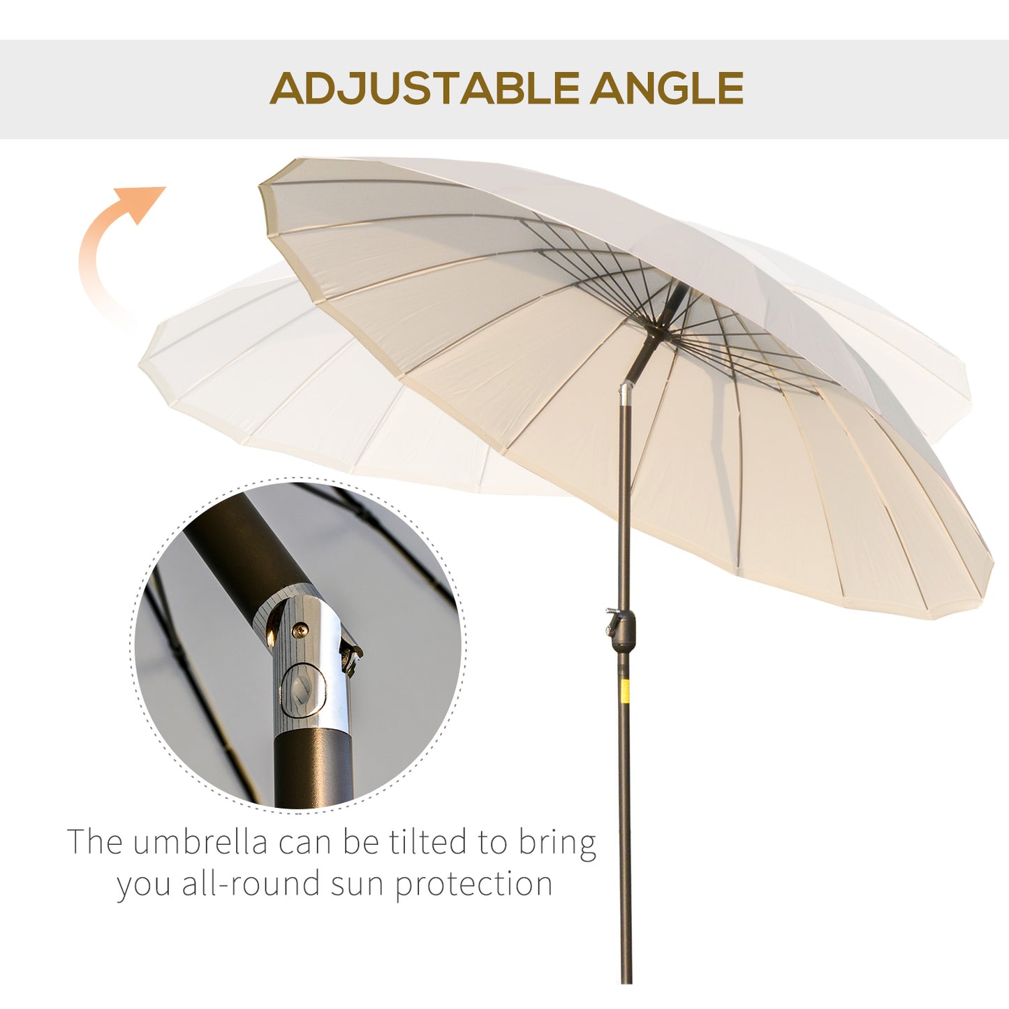 Outsunny Ф255cm Patio Parasol Umbrella Outdoor Market Table Parasol with Push Button Tilt Crank and 18 Sturdy Ribs for Garden Lawn Backyard Pool Crema White Adjustable Angle Detachable Structure