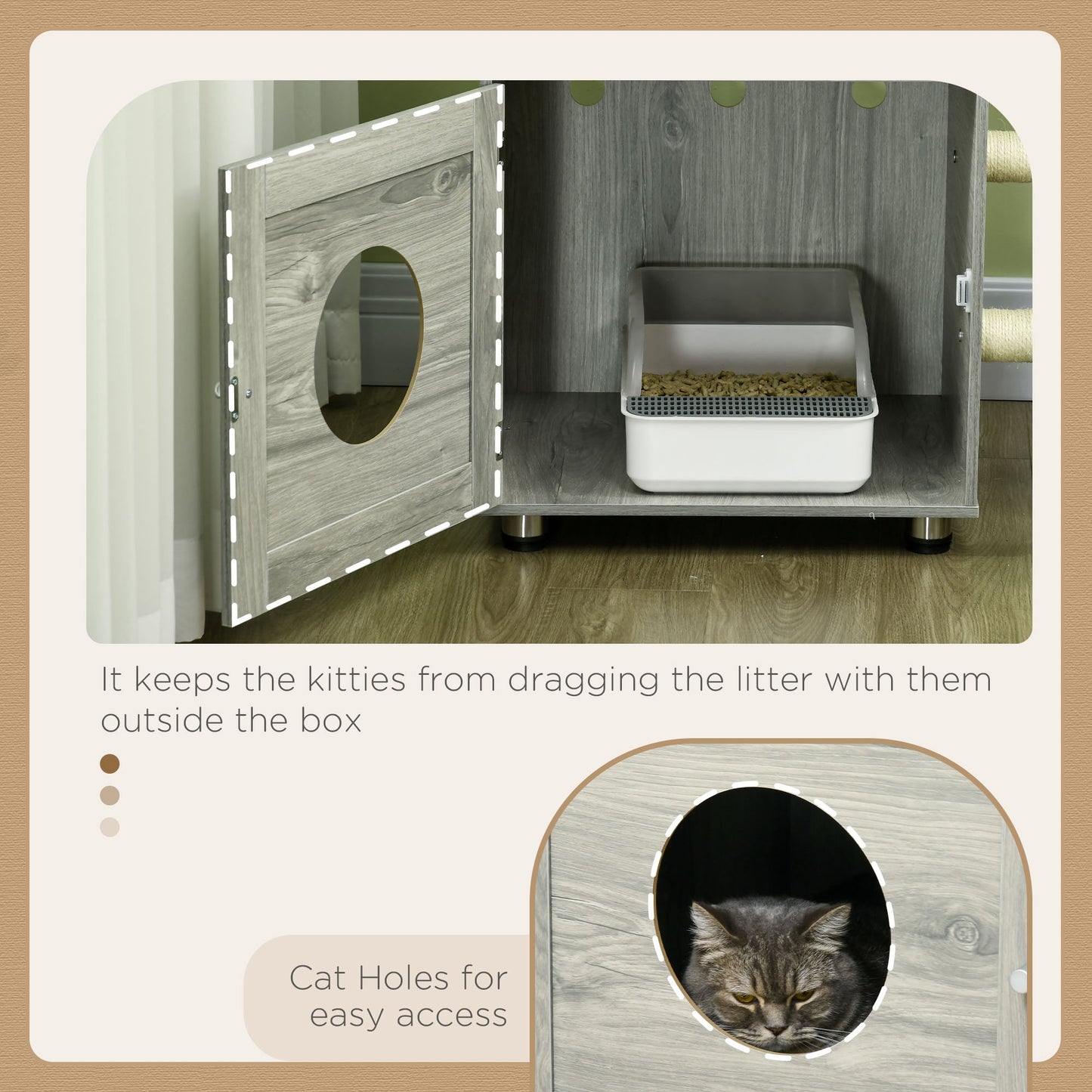 PawHut Enclosed Cat Litter Box with Cat House Cat Bed Scratching Posts Platforms for Indoor Cats Grey