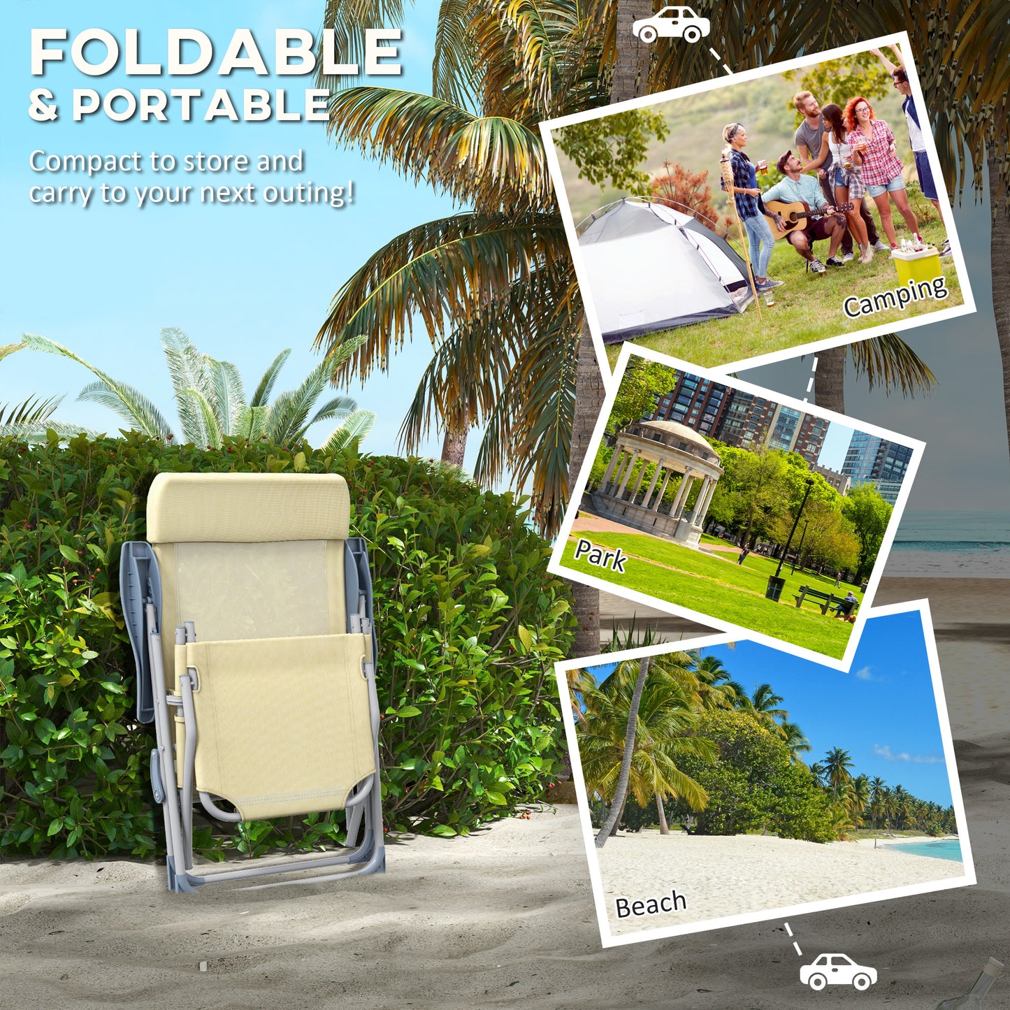 Outsunny Outdoor Sun Lounger Set of 2, Reclining Garden Chairs w/ Adjustable Footrest, 2 pcs Recliner w/ 5-level Adjustable Backrest, Headrest, Beige