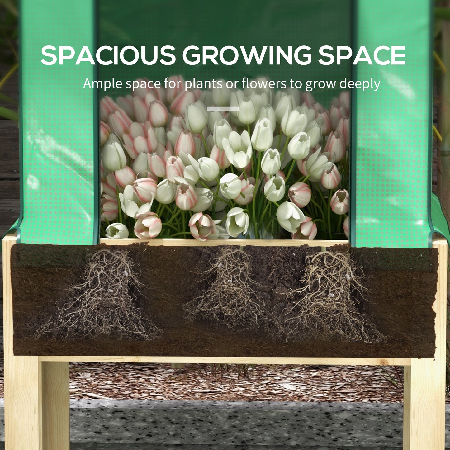 Outsunny Wooden Planter Box with PE Greenhouse Cover and Bed Liner Raised Garden Bed for Vegetables Flowers Herbs