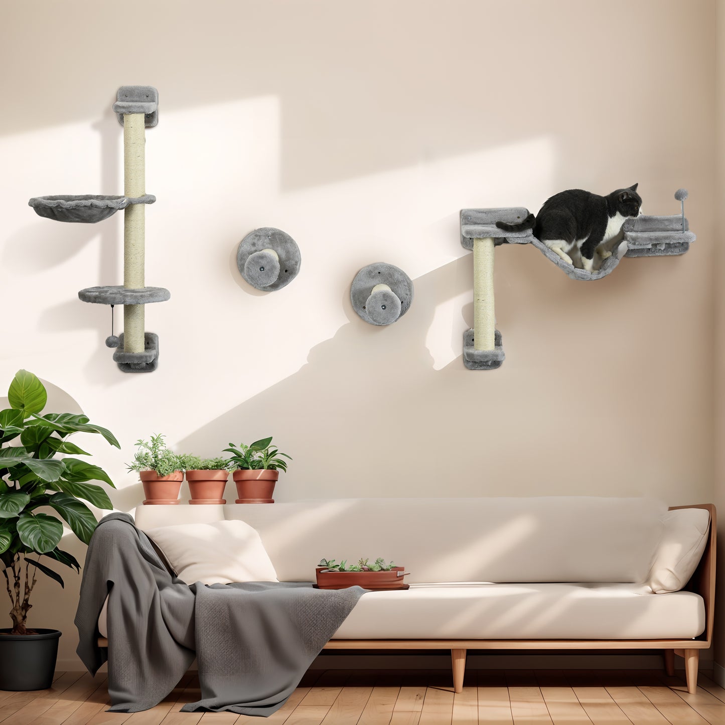 PawHut FourPiece Cat Wall Furniture with Hammock Perches Ladder Scratching Post Grey