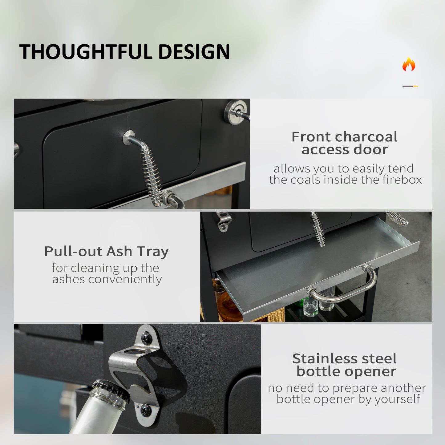 Outsunny Adjustable Charcoal Pan BBQ, with Thermometer and Warming Rack