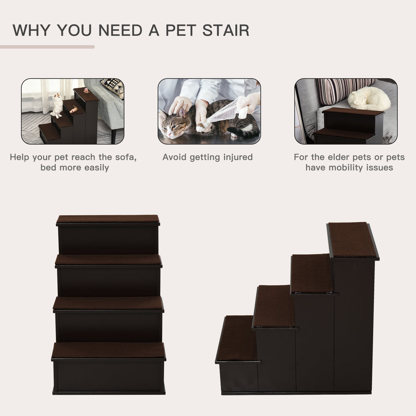 PawHut 4 Step Cushioned Pet Stairs Ramp Steps for Dogs, Cat Ladder for Bed Couch with Non-Slip Carpet, 40 x 59 x 54.2 cm, Dark Coffee Dogs Cushion