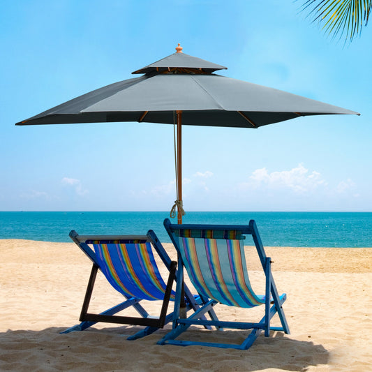 Outsunny 3x3(m) Wood Square Patio Umbrella Garden Market Parasol Sunshade Canopy with 2 Pulley Pagoda Style Dark Grey 3m