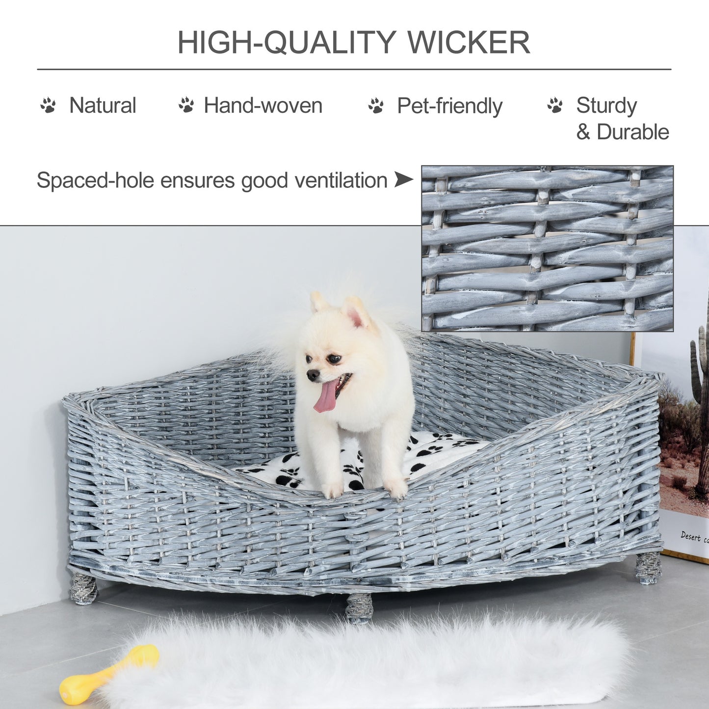 PawHut Wicker Dog Corner Basket Pet Bed Sofa Couch w/ Soft Plush Cushion Elevated Base