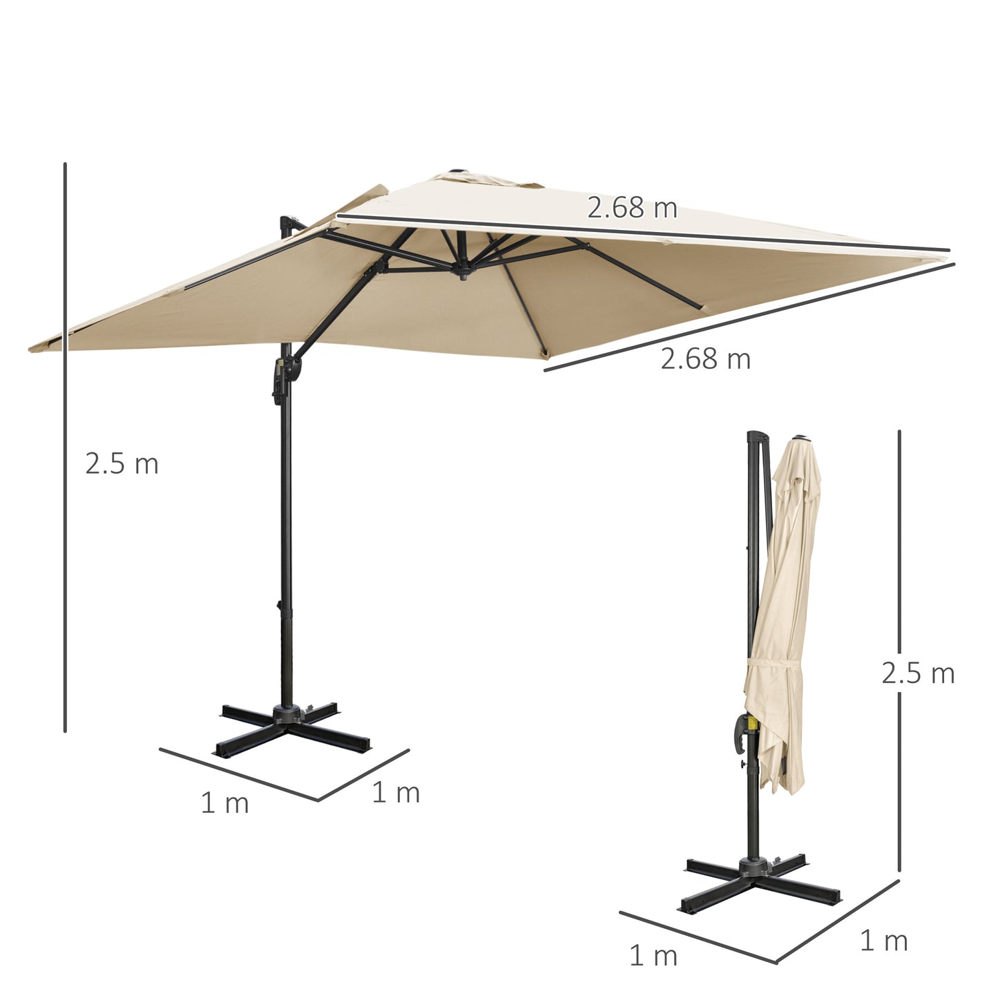 Outsunny 2.7m Square Overhanging Cantilever Umbrella, with Cross Base - Cream White