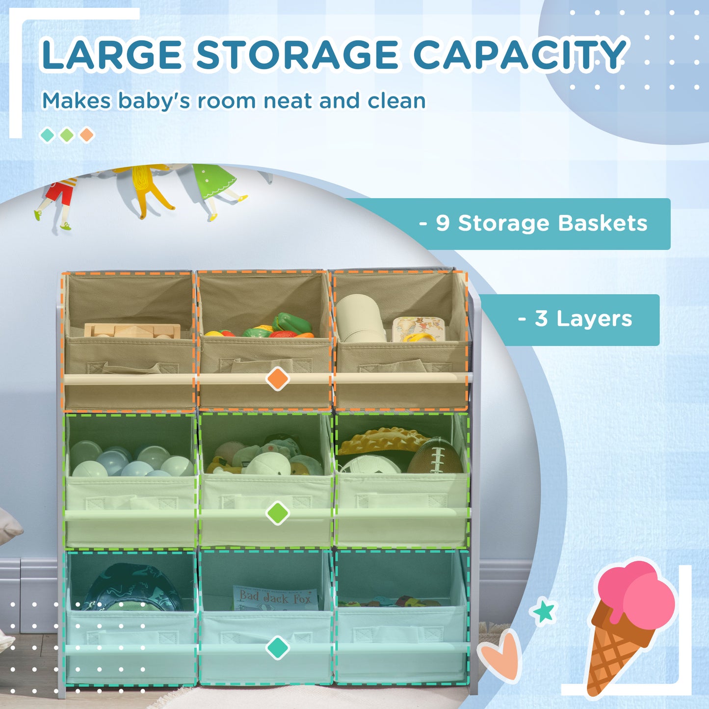ZONEKIZ Kids Storage Unit with 9 Removable Storage Baskets, Toy Box Organiser with Shelf, Book Shelf for Nursery Playroom, Grey