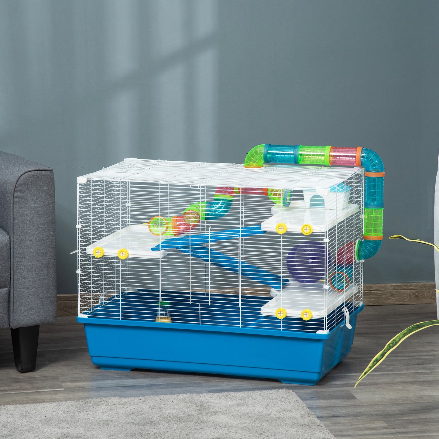 PawHut Large Hamster Cage, Multi-storey Gerbil Haven, Small Rodent House, Tunnel Tube System, with Water Bottle, Exercise Wheel, Food Dish, Ramps Blue, 79 cm x 46 cm x 60 cm