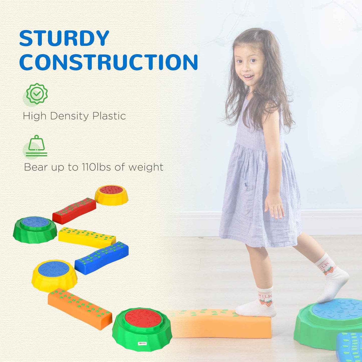 Outsunny 8pcs Kids Balance Beam, Balance Bridge with Non-slip Surface & Bottom Multi-colored