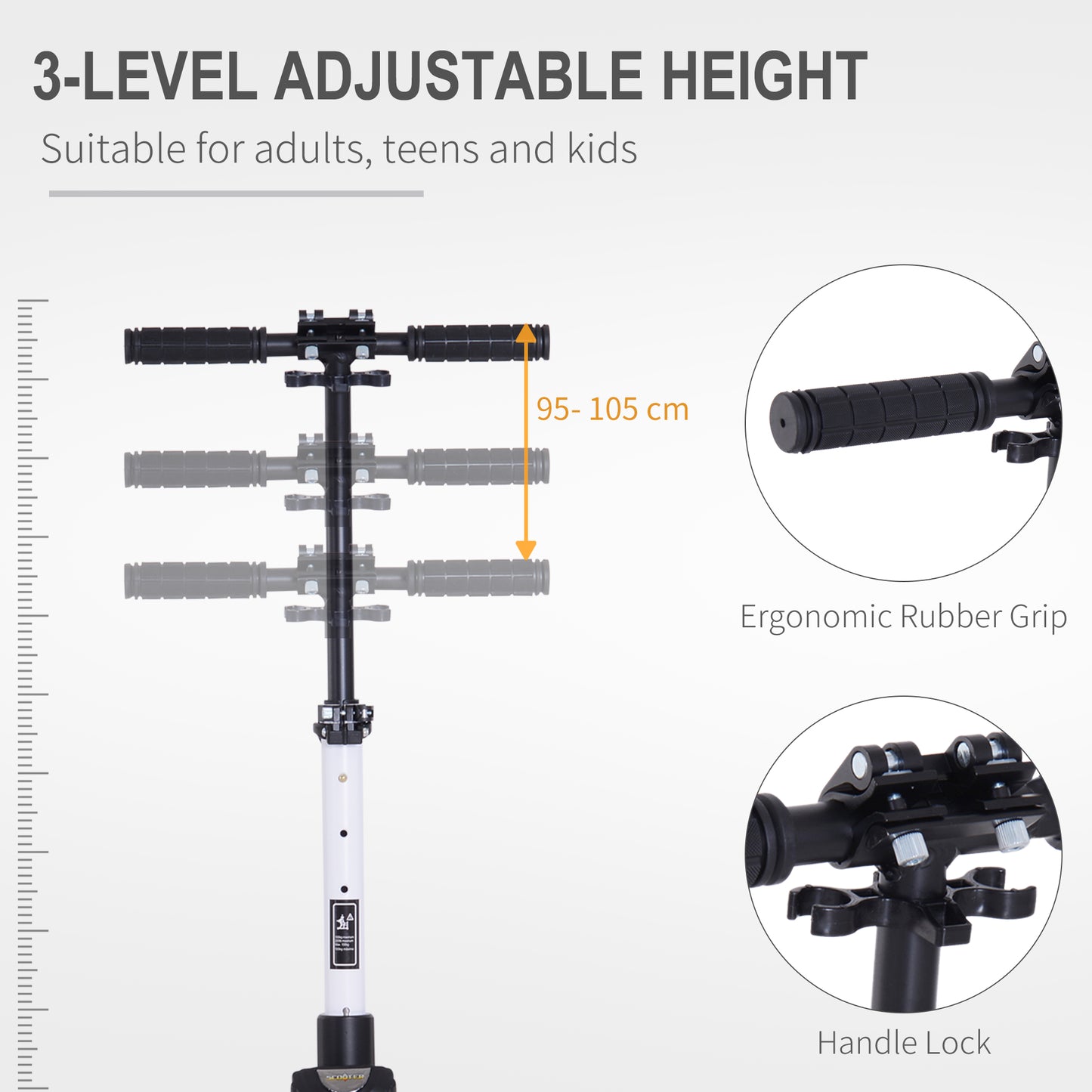 HOMCOM Foldable Kick Scooter, Adjustable Height, 93.5L x 38W x 95-105Hcm-White