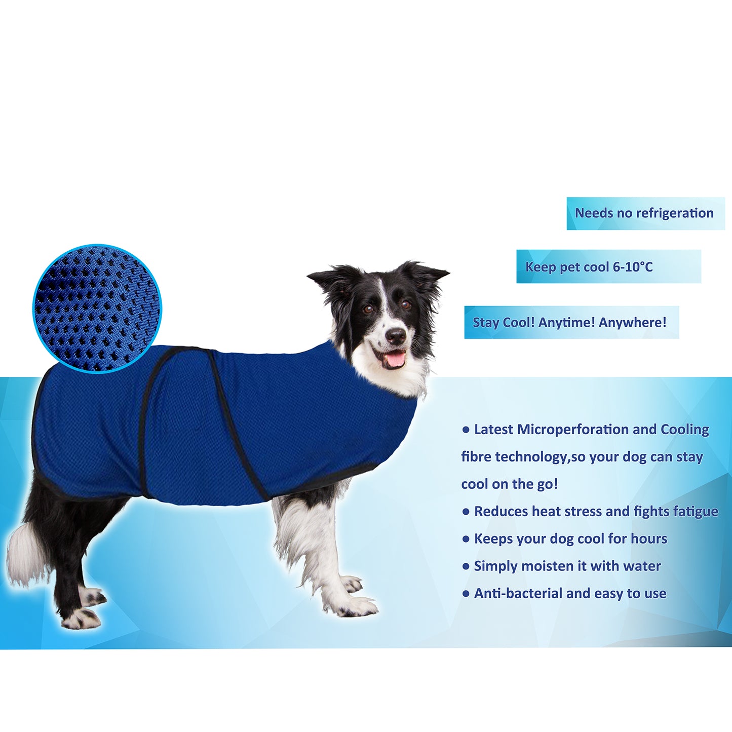PawHut Dog Cooling Coat, Adjustable Size, Back Length 50 cm, Polyester-Blue