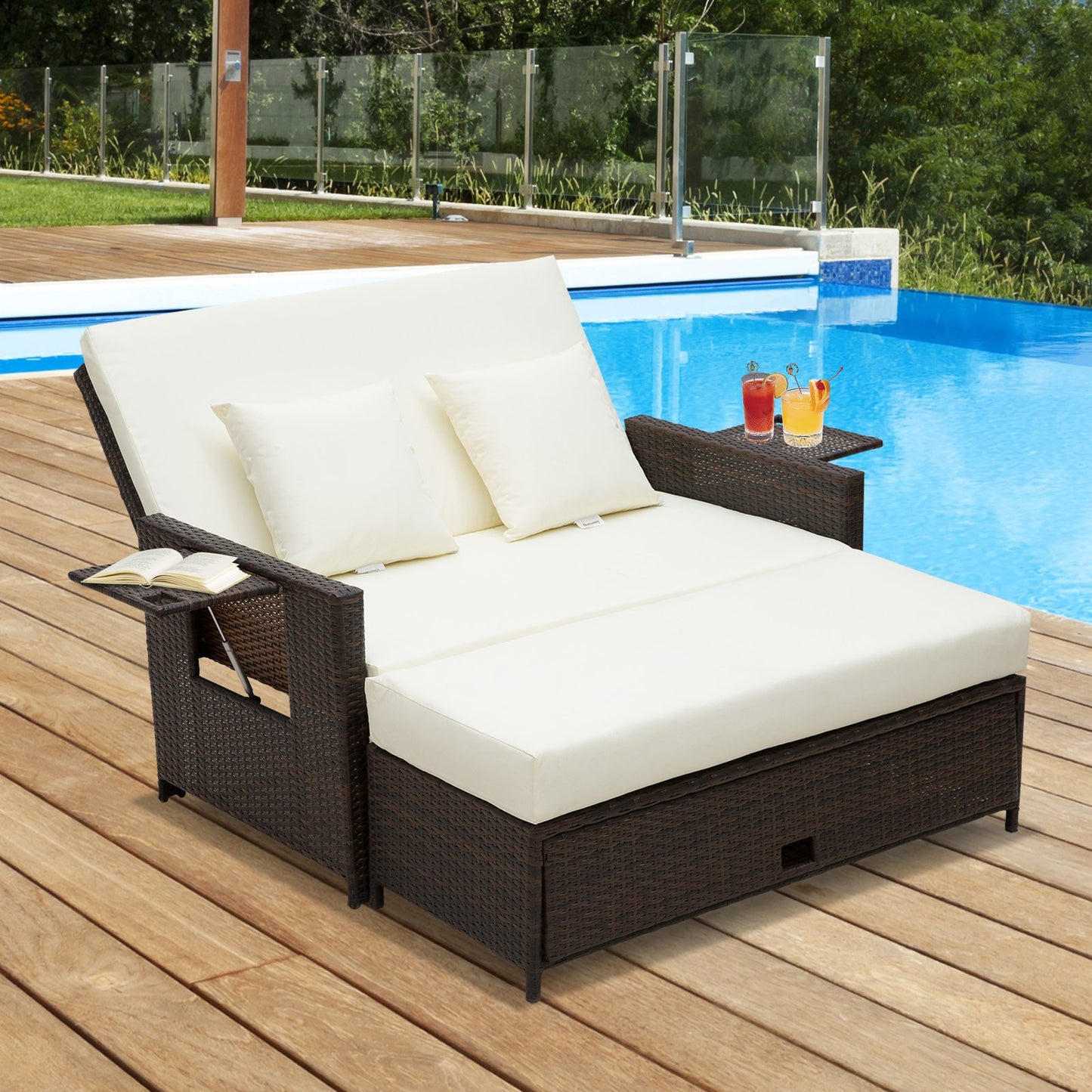 Outsunny Rattan Sun Lounger 2-Seater Day Bed-Brown