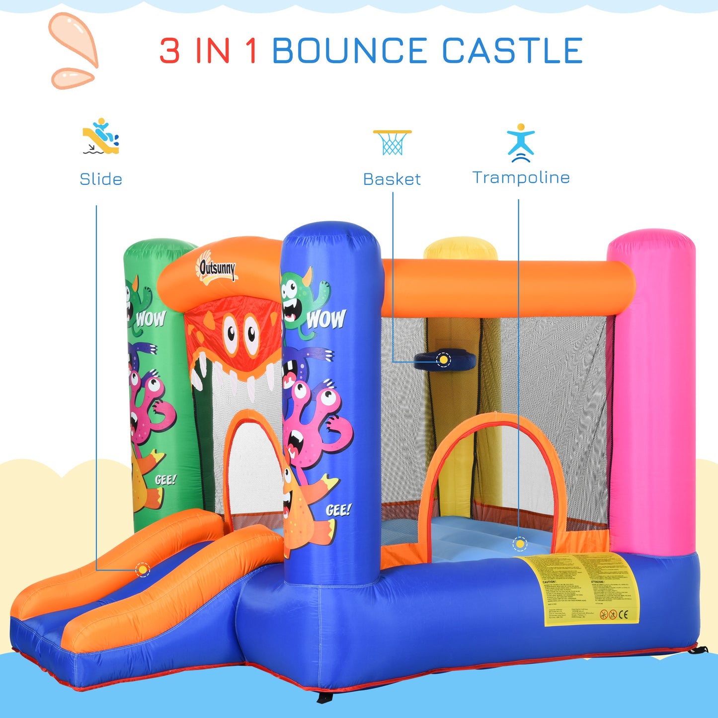 Outsunny Bounce Castle Inflatable Basket Trampoline Slide Monster Design 2.9 x 2 x 1.55m