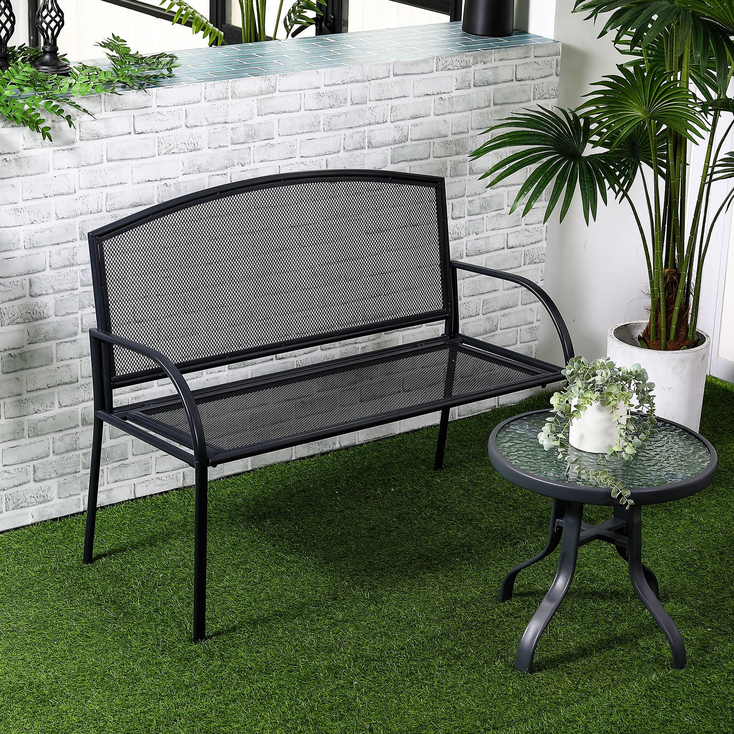 Outsunny Metal Garden Bench, 2 Seater Outdoor Furniture Chair, Loveseat for Patio, Park, Porch and Lawn, Grey