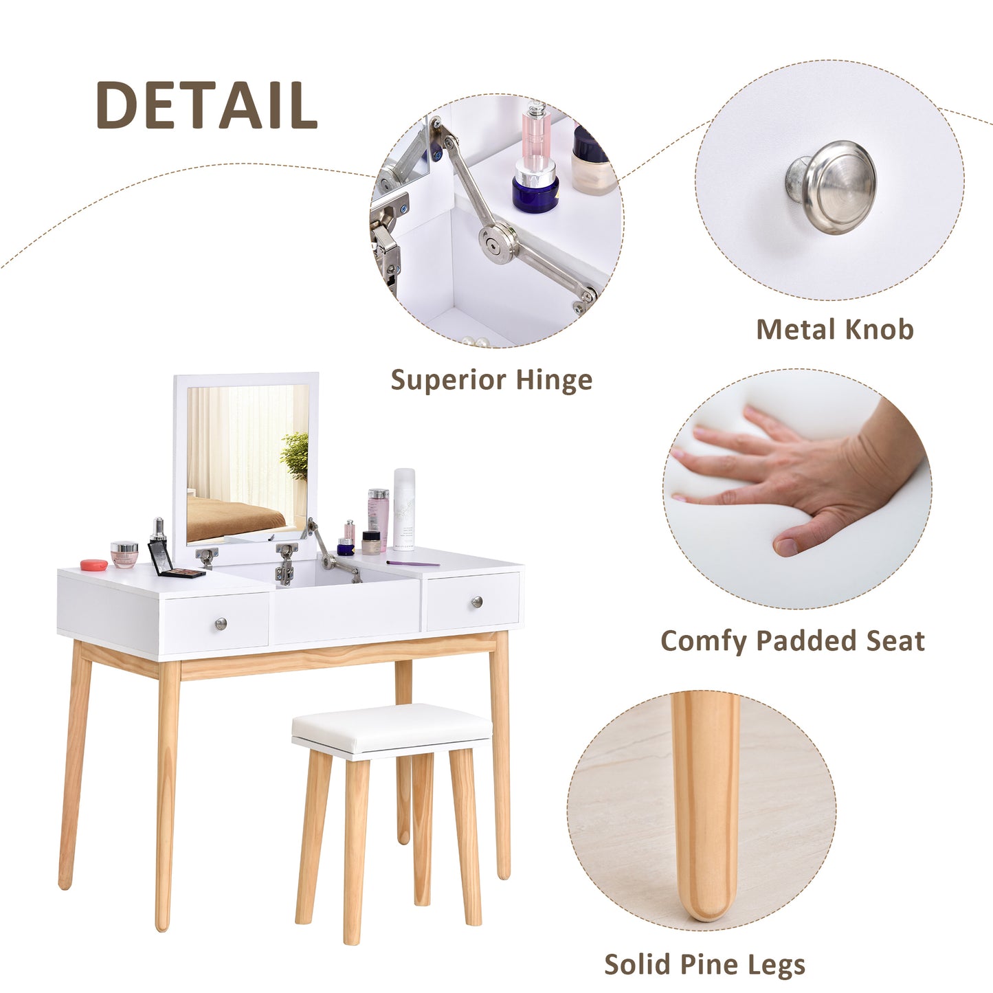 HOMCOM Dressing Table Set with Mirror 2 Drawers Cushioned Stool Makeup Table White