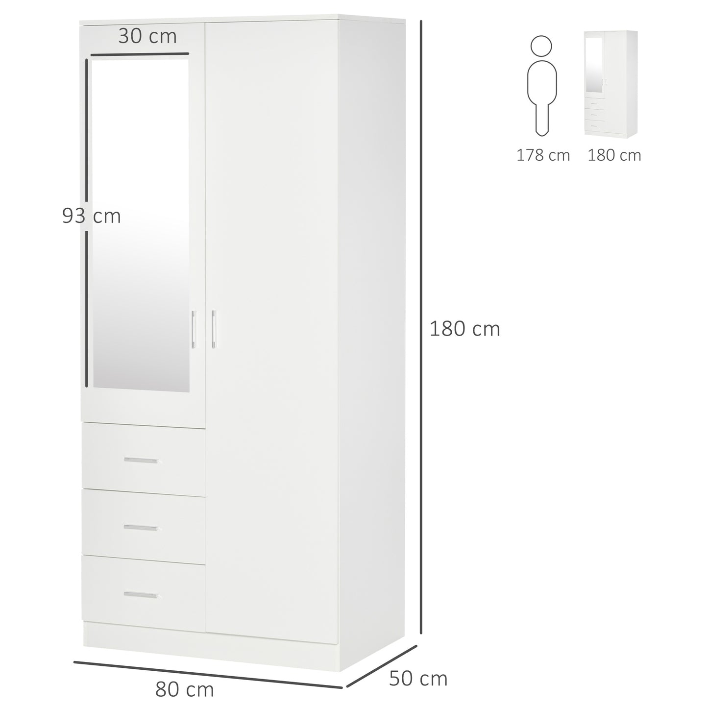 HOMCOM 2-Door Wardrobe w/ Adjustable Shelf 3 Drawers Mirror Home Storage, 80W x 50D x 180Hcm, White