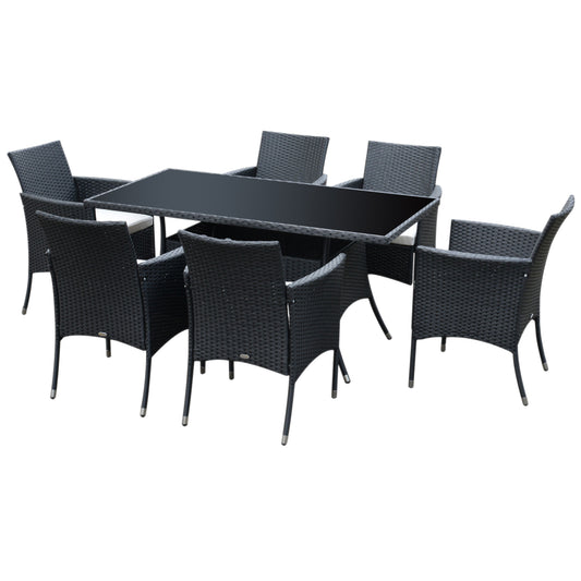 Outsunny Rattan Dining Set Garden Furniture Patio set 1 table and 6 chairs with Cushions-Black/Cream
