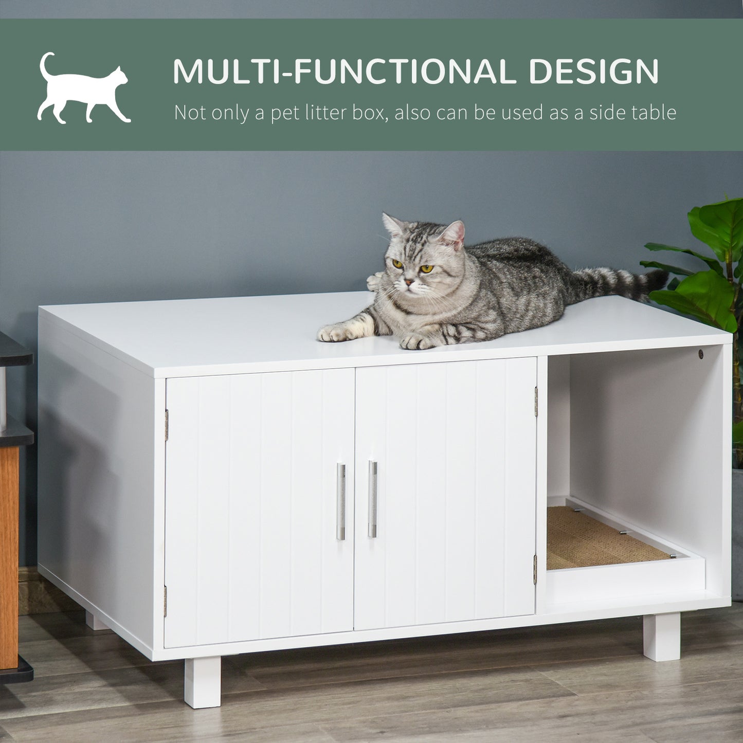 PawHut Indoor Feline Cat Box Furniture Kitty Table w/ Scratch & Magnetic Doors, White