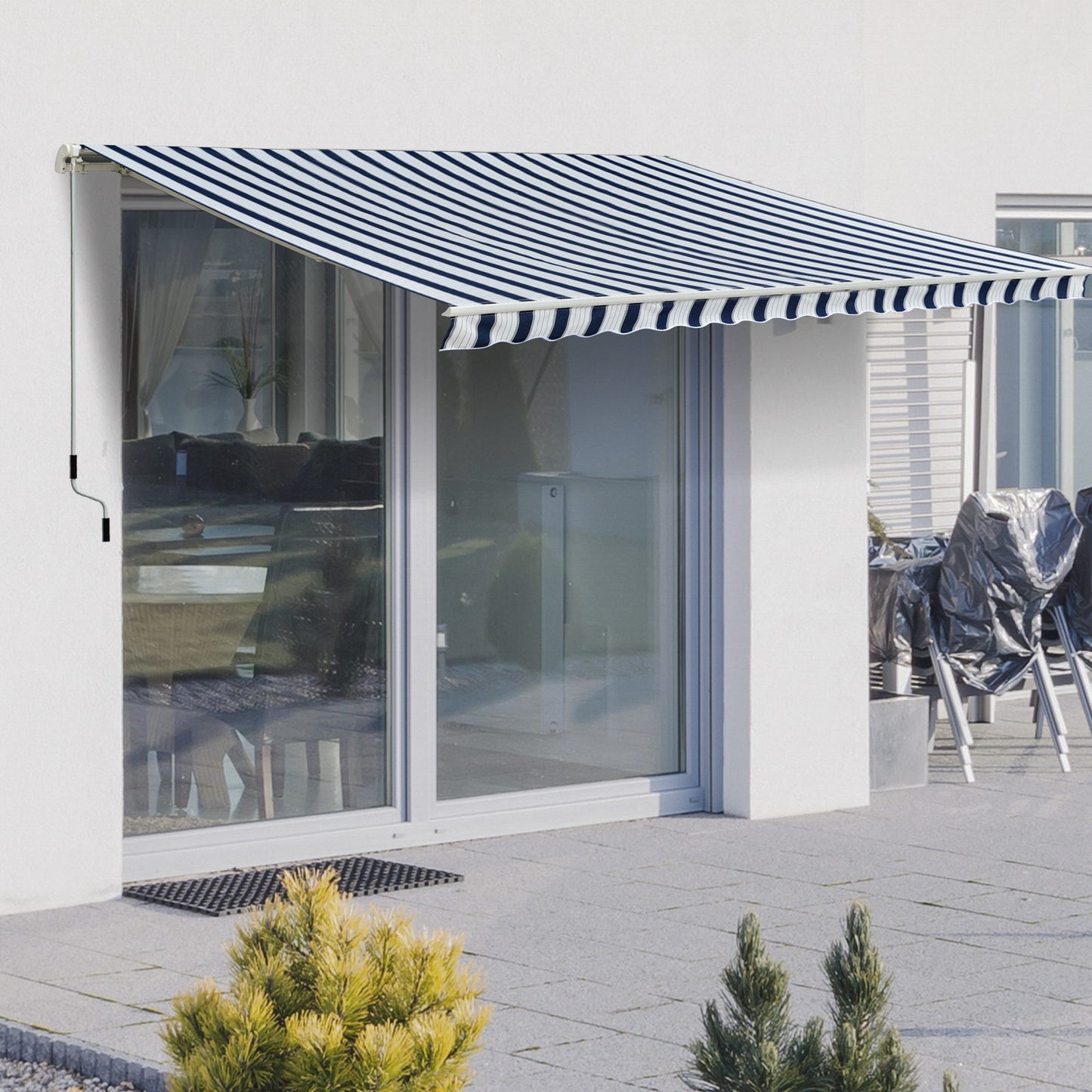 Outsunny Manual Retractable Awning, 3x2.5 m-Blue/White Stripes