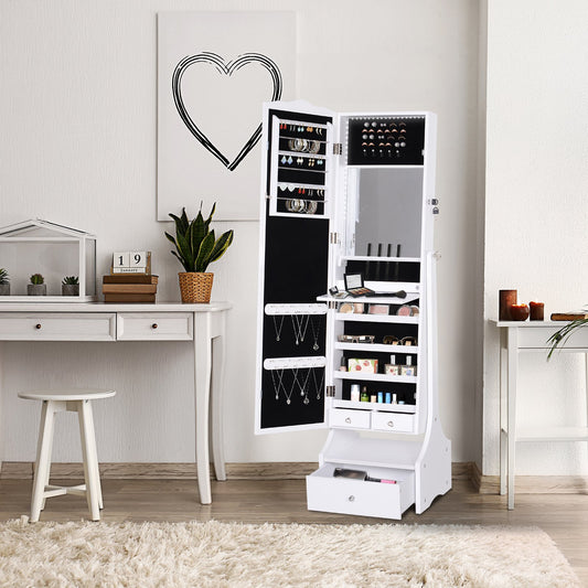 HOMCOM MDF Freestanding Mirror Jewellery Cabinet Full Length Mirror w/ LED Light White