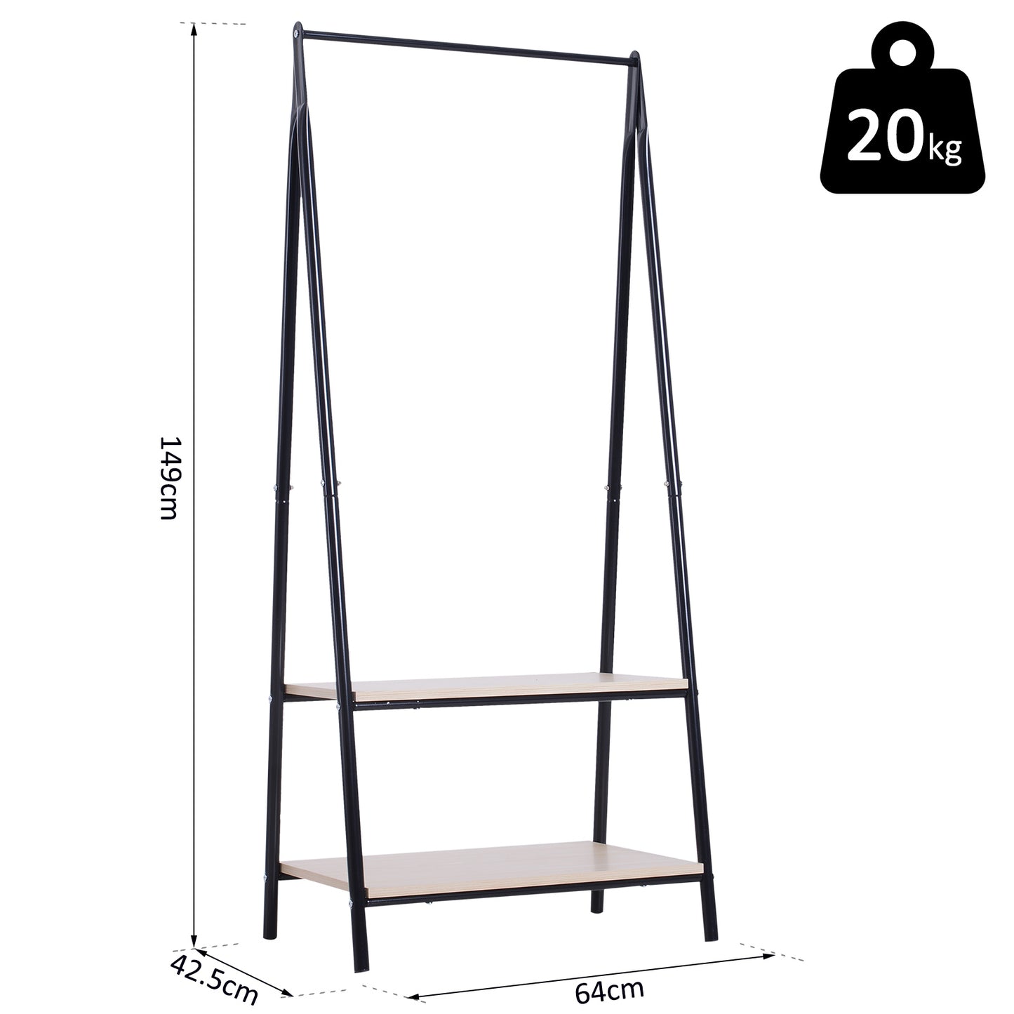 HOMCOM 2-Tier Garment Rack, 64Lx42.5Wx149H cm-Black/Wood Grain Colour