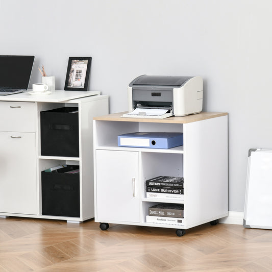 HOMCOM Multi-Storage Printer Unit Office Organisation w/ 5 Compartments Wheels White