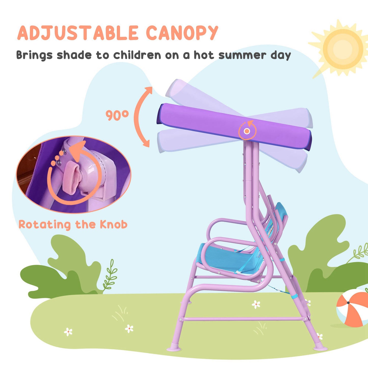Outsunny 2 Seater Kids Garden Swing Fairy Themed Kids Swing Chair with Adjustable Canopy, Safety Belts for Park Porch Poolside