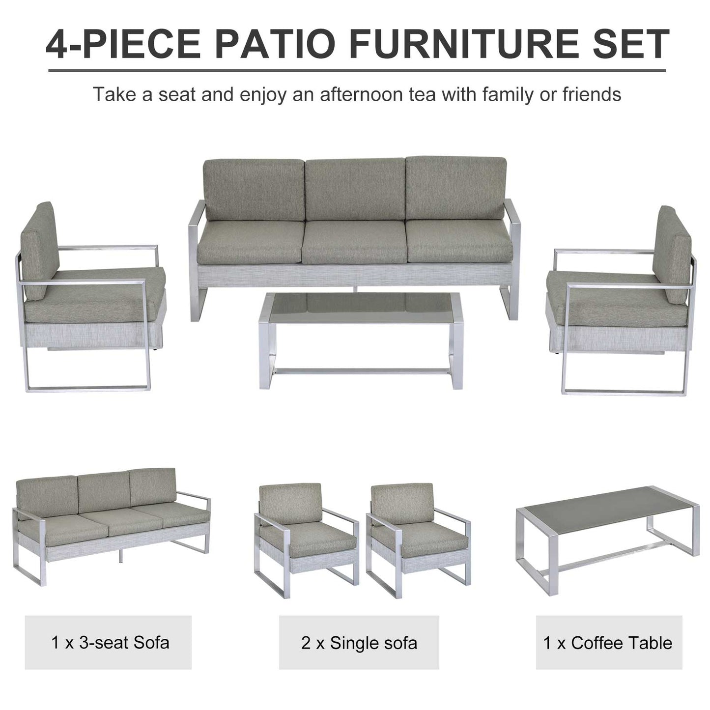Outsunny 4 PCs Patio Conversation Furniture Set with Tempered Glass Coffee Table Aluminum