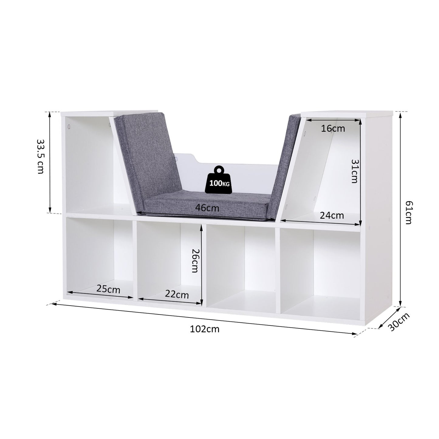 HOMCOM Bookcase Storage W/Particle Board Sponge Linen, 102W x 30D x 61Hcm-White/Grey