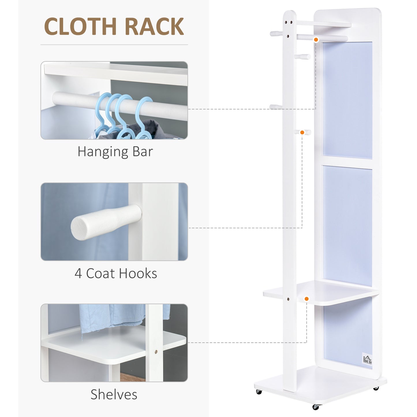 HOMCOM Full Length Dressing Mirror W/ Coat Rack, 360° Rolling Wheels White