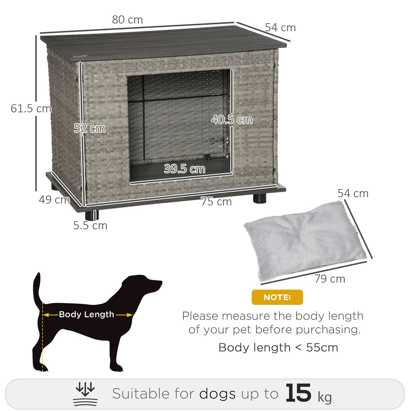 PawHut Wicker Dog House, Rattan Pet Bed, End Table Furniture, with Soft Cushion, Adjustable Feet, for Small and Medium Dogs Grey, 80 x 54 x 61.5 cm