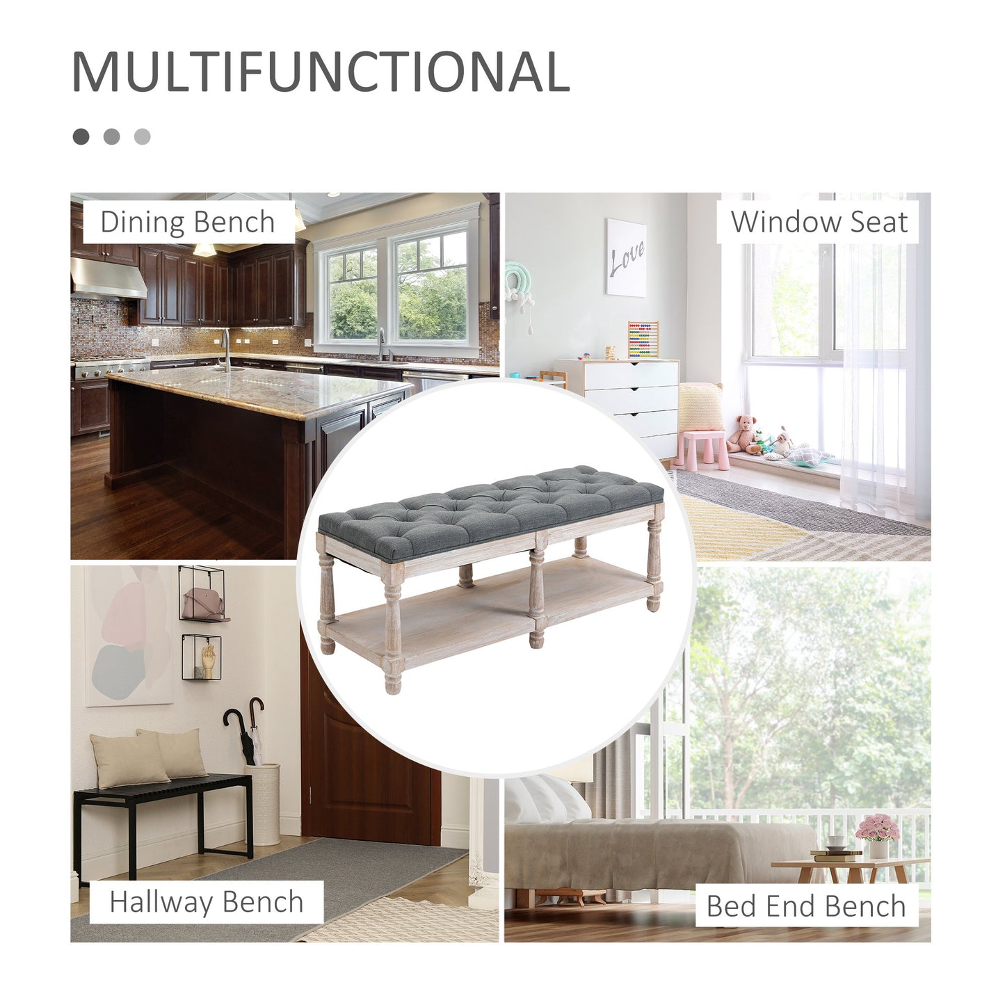 HOMCOM Shoe Rack Bench w/ Button Tufted Seat Cushion for Hallway Bedroom Grey