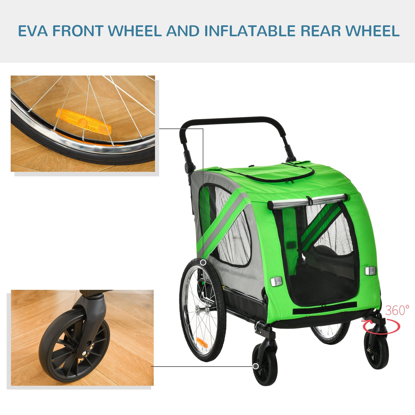 PawHut 2-In-1 Dog Bike Trailer Pet Stroller with Universal Wheel Reflector Flag Green