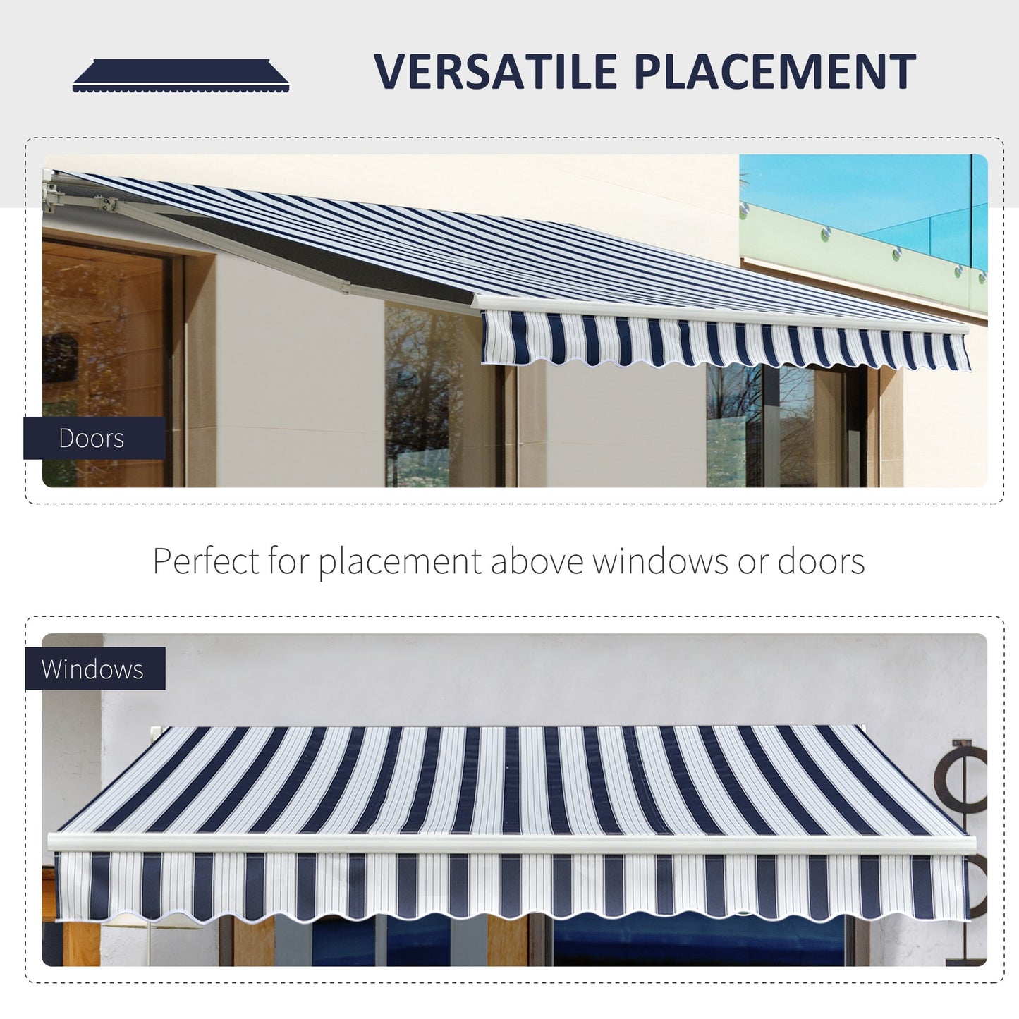 Outsunny Manual Retractable Awning, 3x2.5 m-Blue/White Stripes