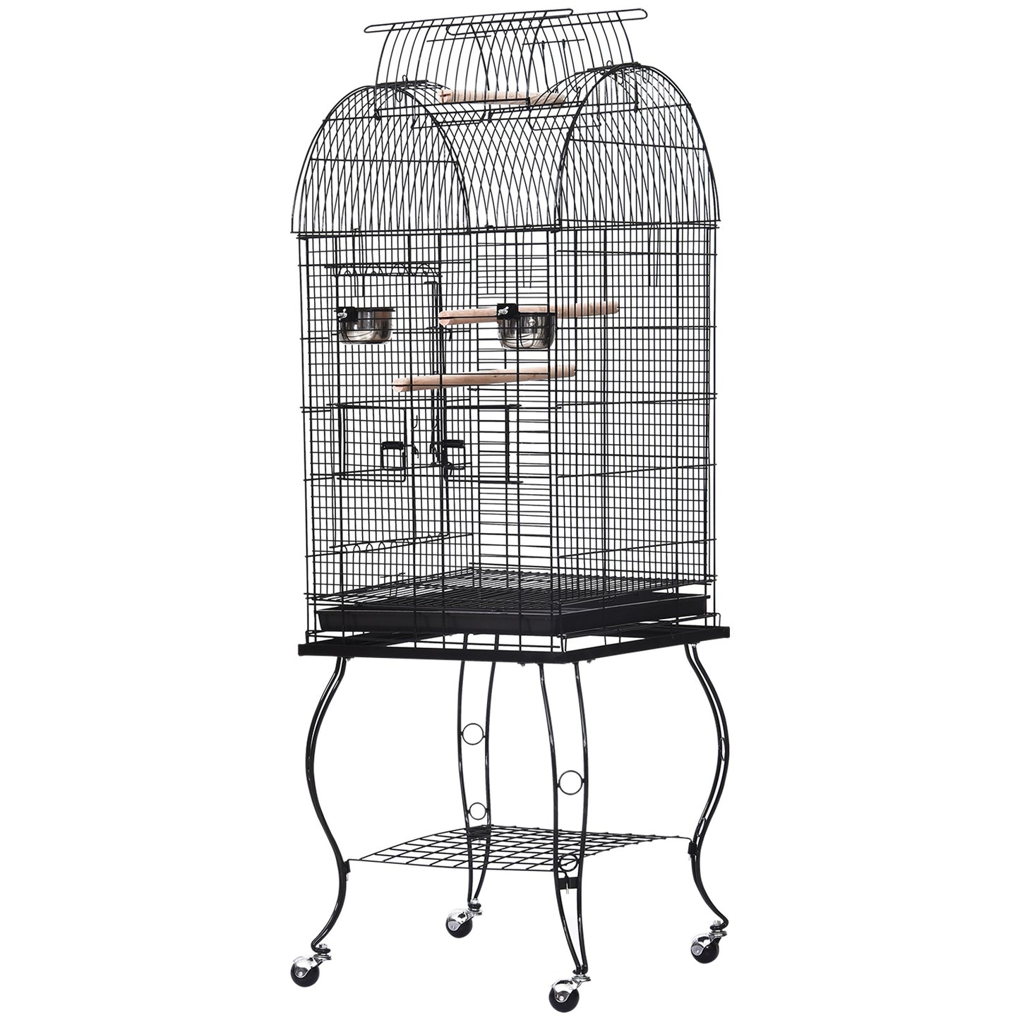 PawHut Metal Wire Bird Cage Parrot Cage Steel Pipe Bird Stand  w/ Wheels 51Lx51Wx137H cm-Black