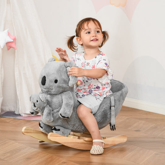 HOMCOM Kids Plush Ride-On Rocking Horse Koala-shaped Toy Rocker w/ Gloved Doll Grey