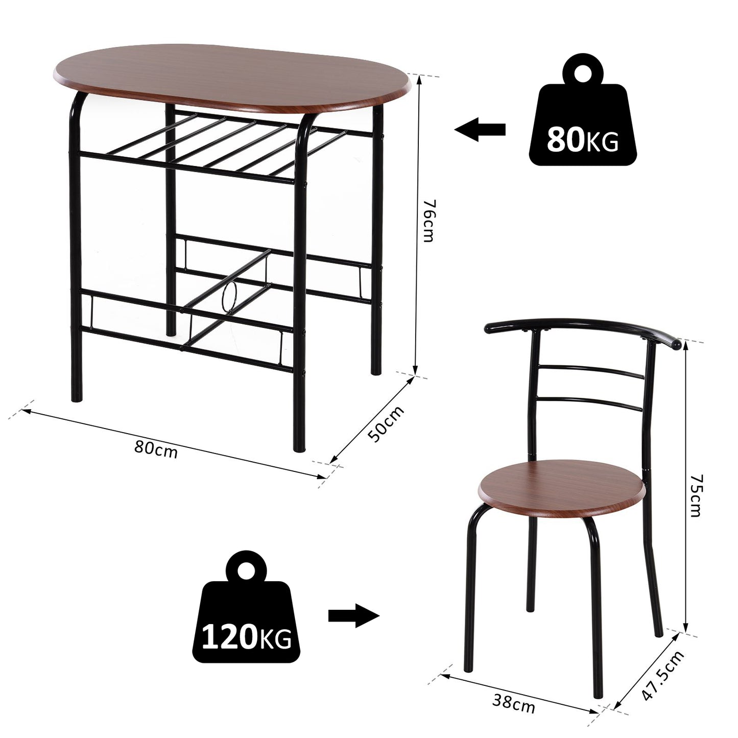 HOMCOM MDF 2-Seater Bar Stool and Table Set w/ Bottle Storage Shelf Wood Tone