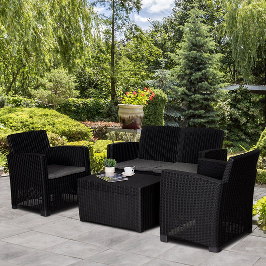 Outsunny 4-Seater PP Rattan Garden Furniture Set Patio Furniture w/ Cushion Black