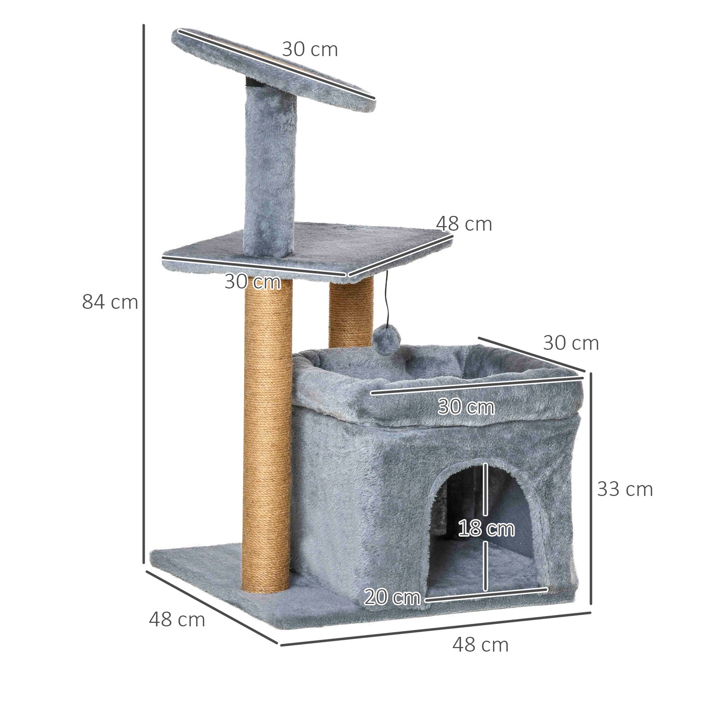 PawHut Cat Tree Tower w/ Scratching Posts Pad Condo Perch Bed Ball Kitten Toy Grey