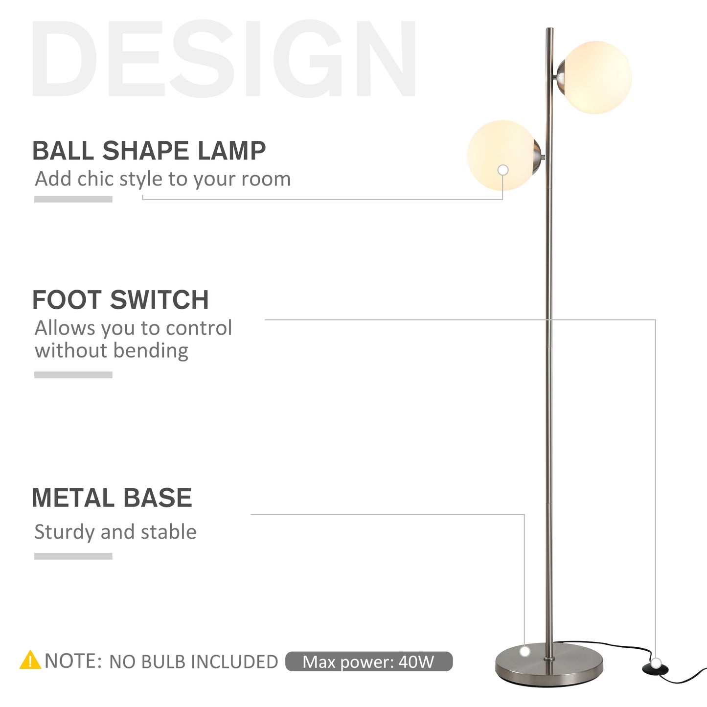 HOMCOM 2 Glass Shade Floor Lamp Metal Pole Modern Decorative w/ Floor Switch Silver